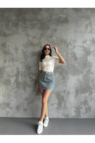 Kadın Kemer Detaylı Kot Mini Etek-mavi Mavi