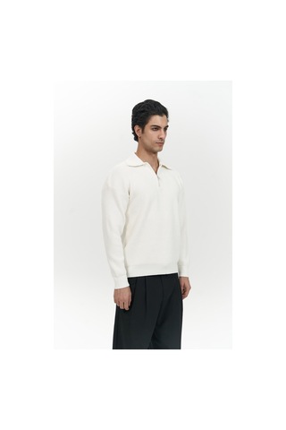 Mai Collection Mai Studios Co. Oberon Polo Yaka Yarım Fermuarlı Ekru Erkek Triko Kazak Ekru
