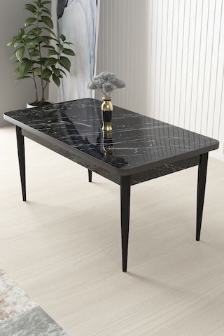 Canisa Arp Serisi 70x110 Sabit Mutfak Masası Takımı Siyah Mermer Desen Masa 4 Krem Sandalye Beyaz