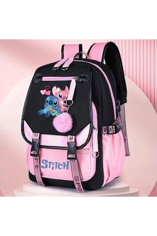 Honeybeeshop Disney Stitch Siyah 2 Büyük Kapasiteli Sırt Çantası Pembe Ve Siyah Tasarım Stitch Lilo İllüstrasyonlu Hafif Polyester Seyahat Çantası Siyah 2