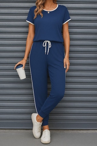 Supplierby Kadın Kısa Kollu Kayık Yaka Viskon Iki Iplik Bluz Ve Bağcıklı Pantolon Ikili Takım Lacivert