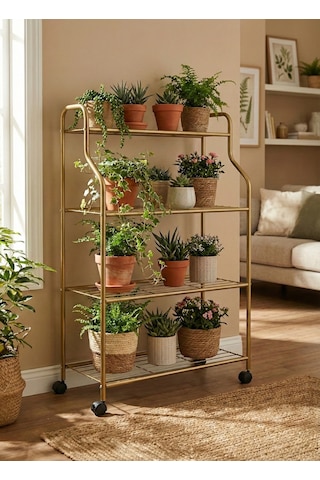 Modern Gold 4 Katlı Tekerlekli Metal Çiçeklik Standı: Çok Amaçlı Mutfak,kitaplık&dekoratif Lüks Stand