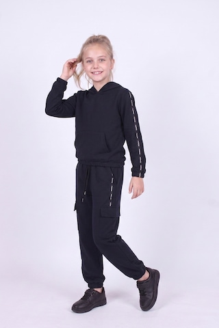 Panios Kids Kız Çocuk Kapüşonlu Şerit Detaylı Kargo Cepli Kapüşonlu Eşofman Takımı Lacivert