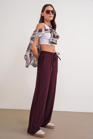 4757 Kadın Lastikli Bol Paça Örme Dökümlü Selanik Pantalon Mürdüm Mürdüm