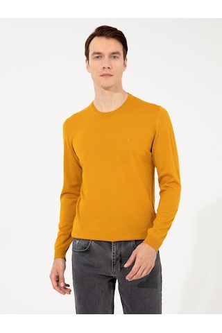 Cacharel Sarı Slim Fit Bisiklet Yaka Basic Triko Kazak