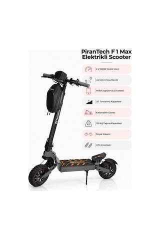 F1 Max Elektrikli Scooter 2000W Turuncu | Mobil Uygulama | Çift Amortisör | Uzun Menzil