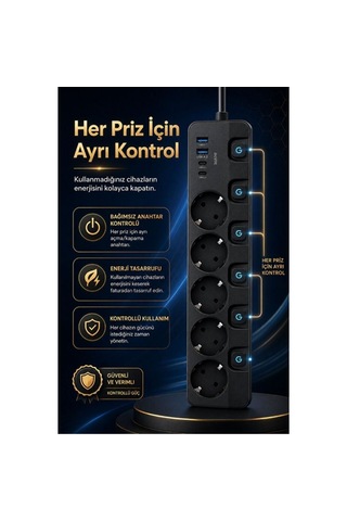 5'li Akım Korumalı Usb Çoklu Priz 2 Usb-a 2 Type-c Pd 20w Hızlı Şarj Anahtarlı Grup Priz 3680w 2 Metre 0 - 2 M