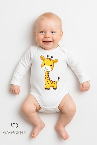 Babyden's Sevimli Hayvan Figürlü %100 Pamuk Uzun Kollu Çıtçıtlı Bebek Body Zürafa Beyaz