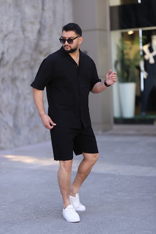 Çağla Yeşili Renk Gömlek Şort Erkek Keten Takım Oversize Kalıp Siyah