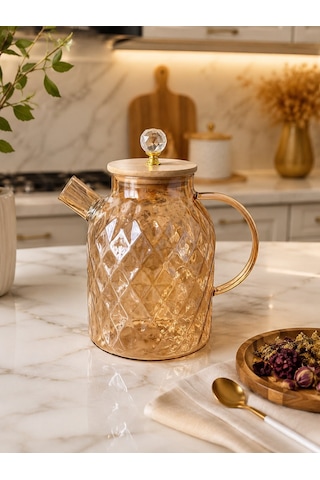 Qerhome Ateşe Dayanıklı Borosilikat Cam Demlik 1800 Ml Bambu Kapaklı Amber Cam Sürahili Çaydanlık Dh-43