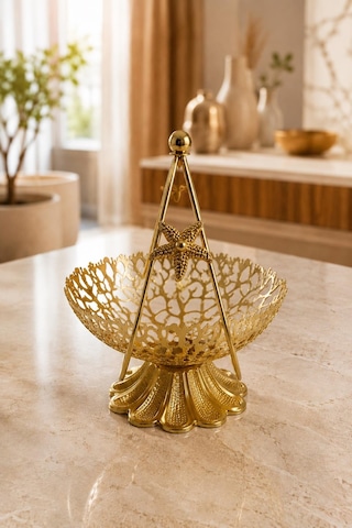Gold Metal Dekoratif Meyvelik Şekerlik İkramlık Sunum Sepeti Modern Tasarım