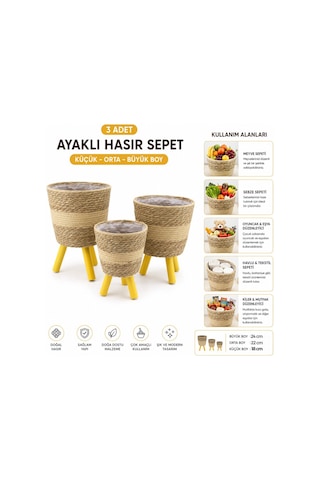 Alvetro Alv-01 Ayaklı Hasır Ve Ahşap Sepet 3'lü Set 18-22-24 Cm - Mix Desenli- 6'li Paket