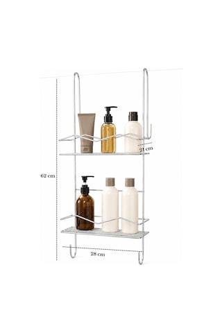 Parlak Silver Duşakabin Askılı 2 Katlı Banyo Rafı Şampuanlık Düzenleyici Metal Askılık