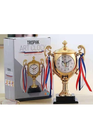 Dekoratif Hediyelik Ödül Kupası Masa Saati Çalar Saat 21cm Gold