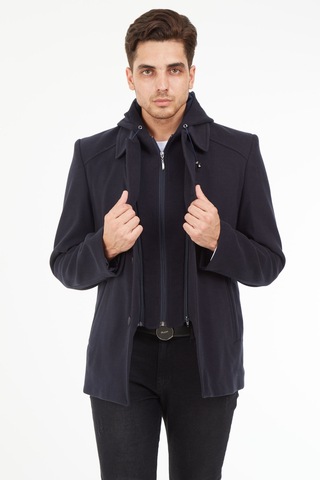 Sposo 1704 Çıkma Kapşonlu Yün Kaşe Lacivert Erkek Kaban Lacivert