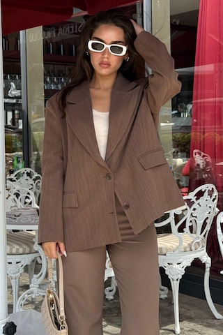Kahverengi Keten Blazer Kadın Ceket Mg2443 Kahverengi