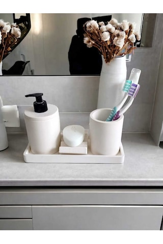 4'lü Kırık Beyaz Banyo Seti , Sıvı Sabunluk Diş Fırçalığı Beton Aksesuar Takım Beyaz