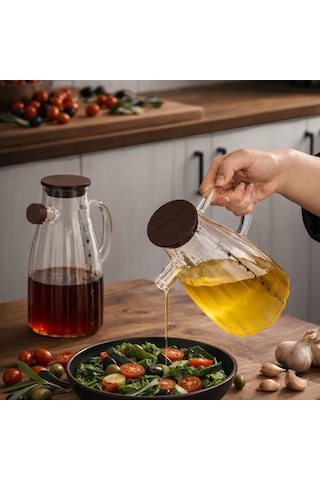 Porsima Lm-0053 Alvera Kapaklı Borosilikat Cam 2li Yağlık Sirkelik Yağdanlık Seti 1000ml Şeffaf