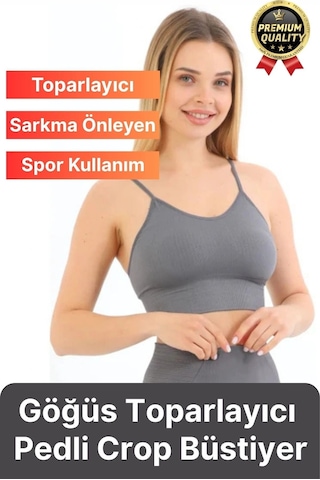Svein Göğüs Toparlayıcı Sarkma Önleyen Gündelik Spor Kullanım İnce İp Askılı Pedli Çizgili Crop Büstiyer Gri