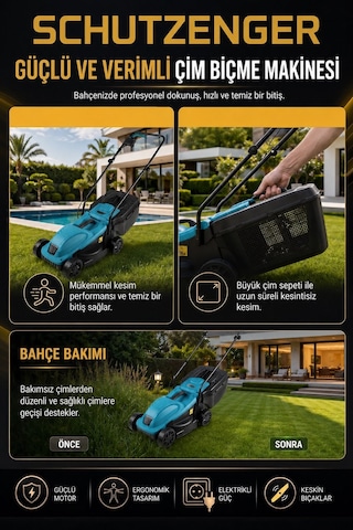 1900v Elektrikli Çim Ot Biçme Makinesi 30lt Tomlama Torbalı Mavi 12/a Turbo Motor Alman