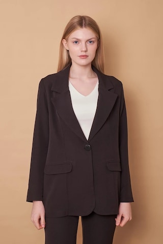 Kadın Yakalı Cep Kapaklı Uzun Kol Hafif Likralı Kumaş Oversize Blazer Ceket Pantolonu Jument 40075 -siyah Siyah