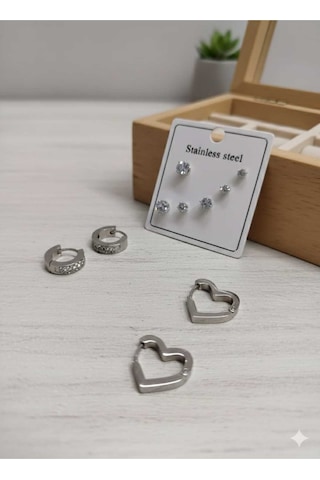 Çelik Küpe Set 5li Set Gümüş Renk