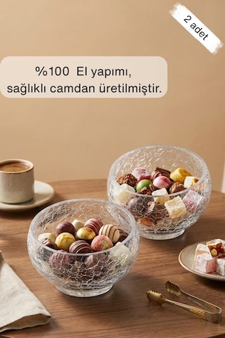 Selen Concept Kırıntı Model El Yapımı Cam Kase 2'li Set Şeffaf