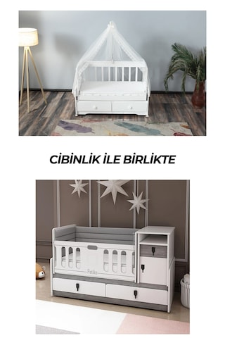 Patiko R 131 Beyaz Büyüyebilen ,cibinlikli Beşik Gri