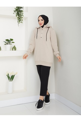 Raika Moda Kapşonlu 3 İplik Büyük Beden Tesettür Sweatshirt Bej