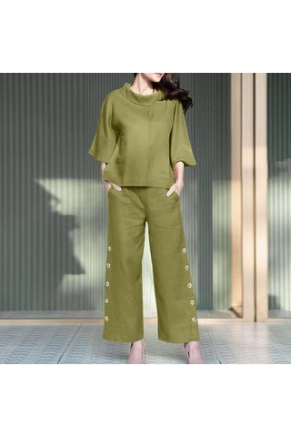 Zanzea Pamuklu Kıyafetler Bayan Bluz Ve Pantolon Yaz İki Parçalı Takım Elbise Set Yeşil