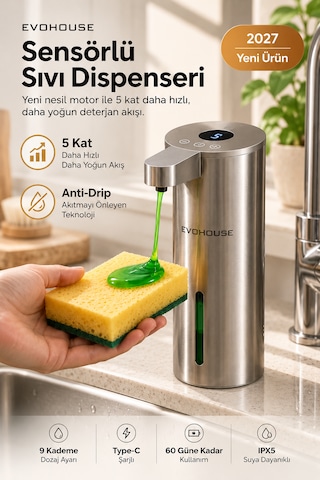 Otomatik Sensörlü Sıvı Sabun Dispenseri Paslanmaz Çelik Inox - P25 Model Gümüş