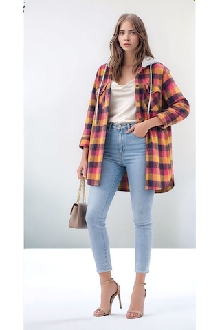 Mamayaga Kadın Desen Bloklu Oduncu Oversize Geniş Kalıp Casual Cepli Kapüşonlu Uzun Boy Ceket Gömlek Çok Renkli