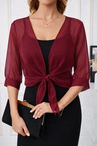 Defymoda Kadın Fakir Kollu Önden Bağlamalı Kısa Şifon Bolero Ceket Bordo