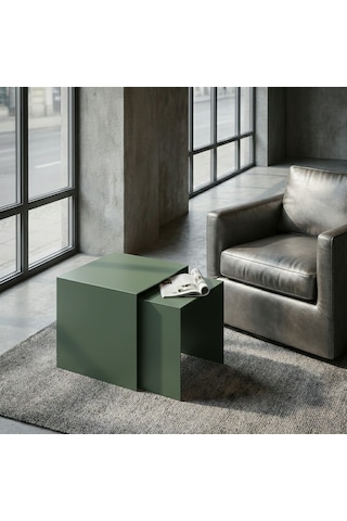 Modern Metal Zigon Sehpa Seti Minimal Tasarım İç İçe Geçen Yan Sehpa 2 Li Set Yeşil