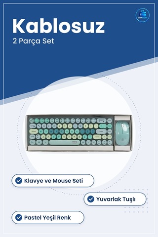 Kablosuz Klavye Mouse Set Yeşil Yuvarlak Tuşlu Masaüstü Ofis Ve E Optik