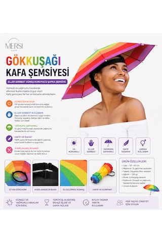 Mersi Shop Gökkuşağı Renkli Kafa Şemsiyesi Eller Serbest Güneş Koruyucu Şapka Şemsiye Çok Renkli
