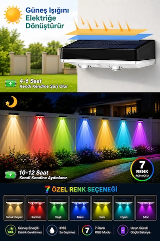 Solar 7 Renkli Rgb Çit Apliği 2 Li Set, Güneş Enerjili Dış Mekan Duvar Lambası, Ip65 Su Geçirmez Bahçe Balkon Teras Aydınlatması