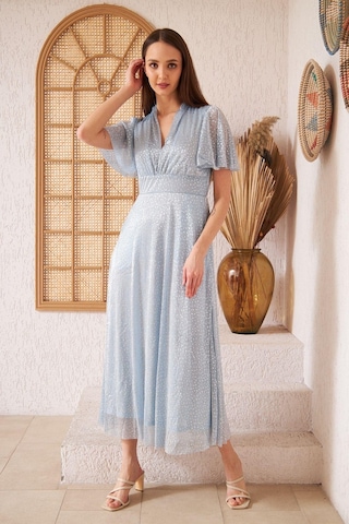 Darlin Moda Mavi Simli Tül Üzeri Gri Puantiyeli Astarlı Abiye Elbise DM45948