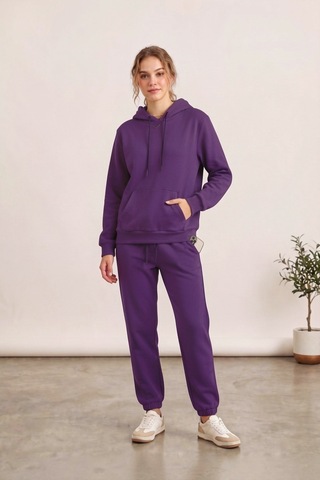 Moibody Kadın 3 İplik Şardonlu Eşofman Takımı Premium Kapüşonlu Sweatshirt Ve Jogger Alt Mor Mor
