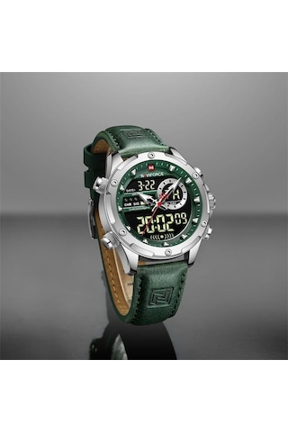 Naviforce Nf9208 Çift Ekran Kuvars Analog Lcd Dijital Erkek Saat Deri Kayış Gümüş - Yeşil