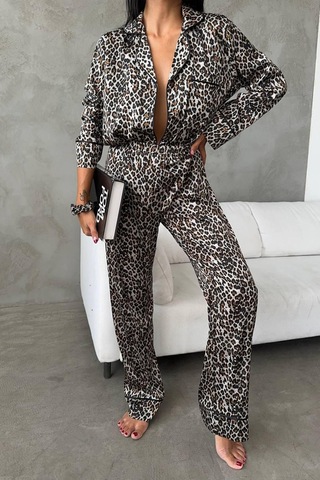 Yeşil Leopar Dijital Baskılı Uzun Saten Pijama L Yeşil - Gri