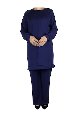 Kadın Tunik Önü Dikişli Altı Bantlı Pantolon Beli Lastikli Önü Dikişli İkili Takım Lacivert