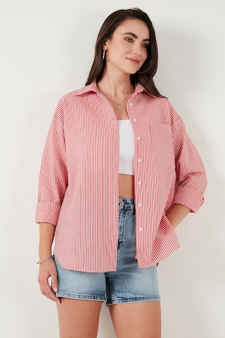 Lela Regular Fit Uzun Kollu Cepli Çizgili Bayan Gömlek 6772895 Kırmızı