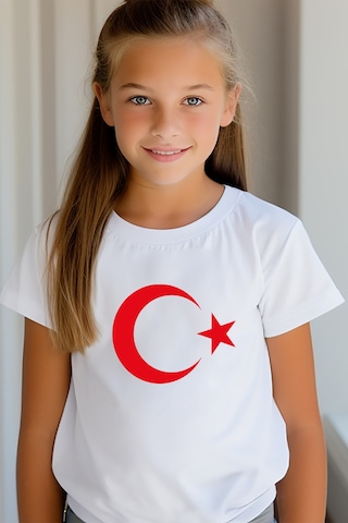 Aselinda 23 Nisan Ay Yıldızlı Türk Bayraklı Tişört Beyaz Çocuk Tişört - Bisiklet Yaka Çocuk Tişört BEYAZ