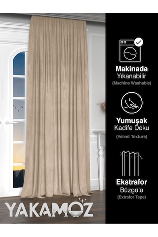 Yakamoz Kadife Görünüm Kum Beji Ada Fon Perde Ekstraforlu Velvet Touch Serisi Kum Beji