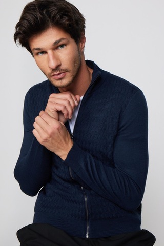 Tudors Slim Fit Desenli Dik Yaka Fermuarlı Lacivert Erkek Hırka-29571 Lacivert