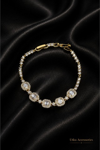 Cmjewelry Gold Baget Taşlı Çelik Bileklik Altın