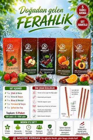Mucize 5li Set 5 Adet Refill Doypak Çilek-nane/elma-tarçın/kiraz-mento/seftali-buzlu Cay/portakal-tarcin