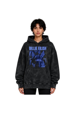 Sevbano Billie Eilish Şarkıcı Baskılı Unisex Oversize Yıkamalı Hoodie Swe Siyah