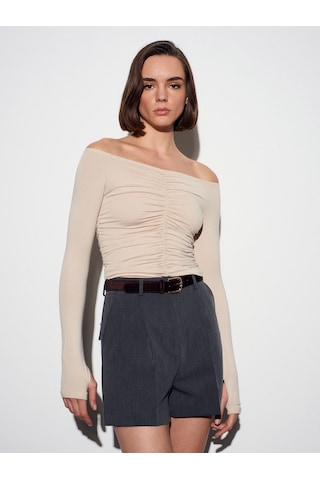 32089 Omuzları Açık Büzgülü Top-bej Bej